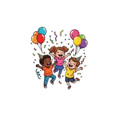 Design: A joyful scene with colorful balloons, floating confetti, and whimsical party...