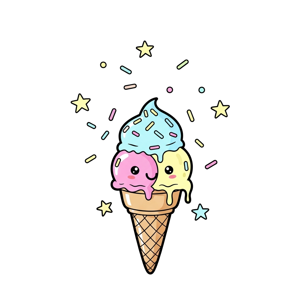 Custom design: A whimsical watercolor illustration of a happy ice cream cone with a friendly face, surrounded by floating sprinkles ...