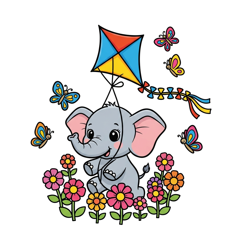 Custom design: A cheerful cartoon baby elephant playing with a colorful kite, surrounded by bright flowers and butterflies, in a vib...