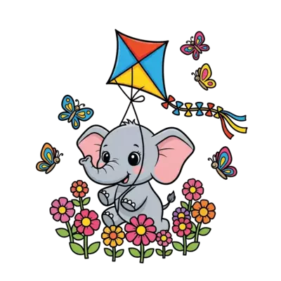 Design: A cheerful cartoon baby elephant playing with a colorful kite, surrounded by ...