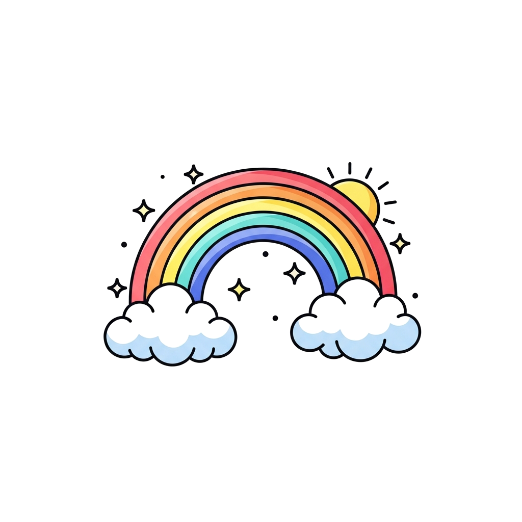 Custom design: A vibrant, stylized rainbow arching over fluffy cartoon clouds, with tiny sparkling stars and a cheerful sun peeking ...