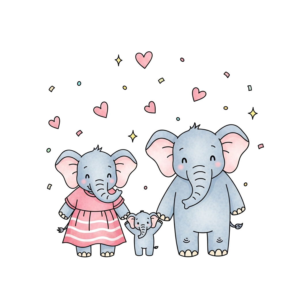 Custom design: A heartwarming illustration of a cartoon elephant family (mama, papa, and baby) holding hands, surrounded by sparklin...