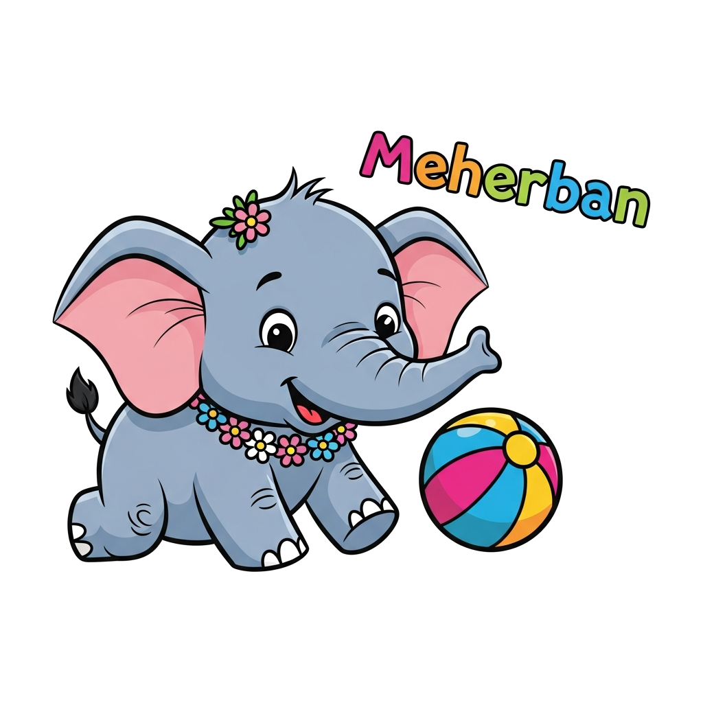 Custom design: A cheerful cartoon baby elephant, wearing a tiny flower garland, playing with a colorful ball. The name 'Meherban' is...