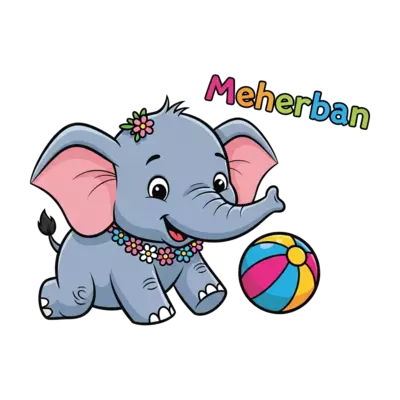 Design: A cheerful cartoon baby elephant, wearing a tiny flower garland, playing with...