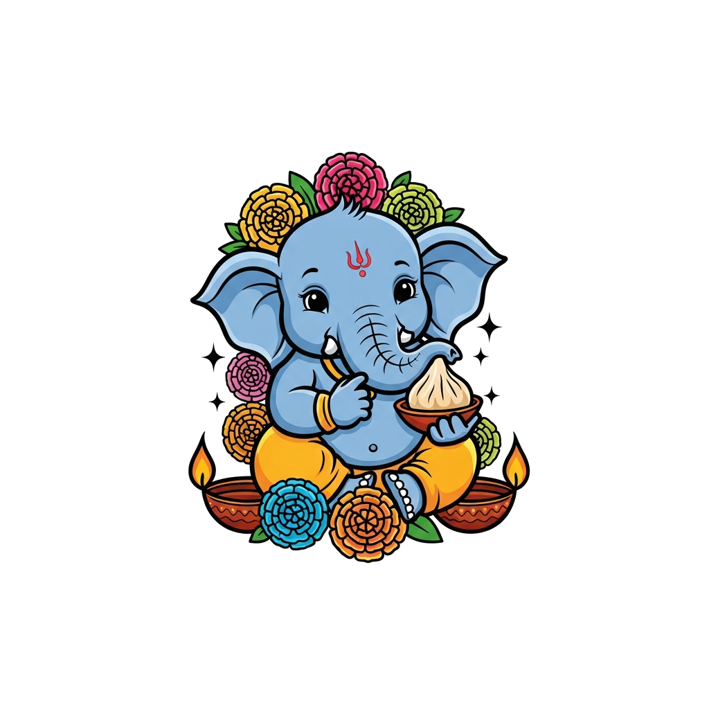 Custom design: A cute cartoon baby elephant (Ganesha) holding a modak, surrounded by colorful marigold flowers and diyas, in a joyfu...
