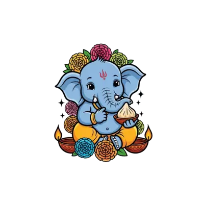 Design: A cute cartoon baby elephant (Ganesha) holding a modak, surrounded by colorfu...