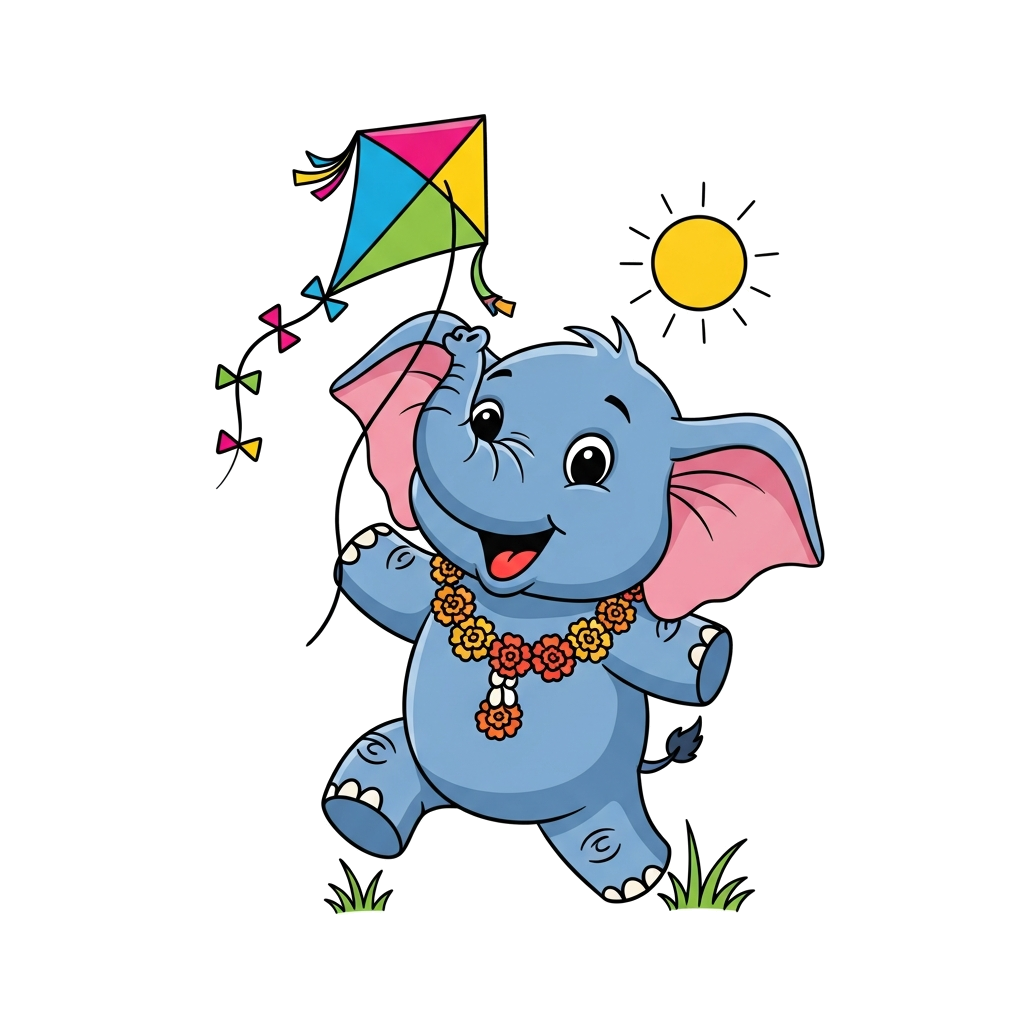 Custom design: A joyful cartoon baby elephant, wearing a tiny marigold garland, happily playing with a colorful kite in a sunny fiel...