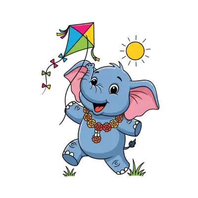 Design: A joyful cartoon baby elephant, wearing a tiny marigold garland, happily play...