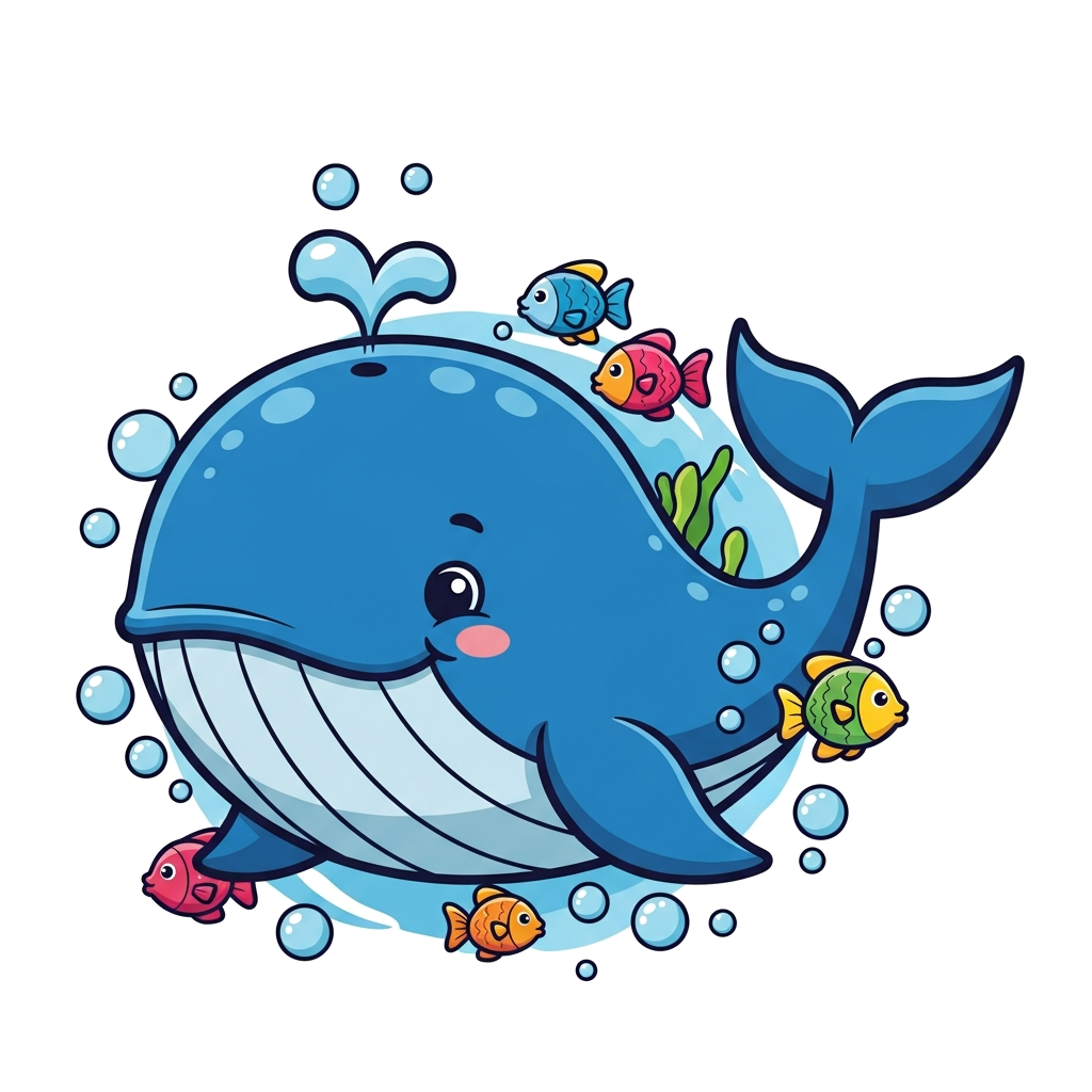 Custom design: A cheerful, chubby blue whale swimming in a vibrant ocean, surrounded by playful bubbles and colorful fish, in a cute...