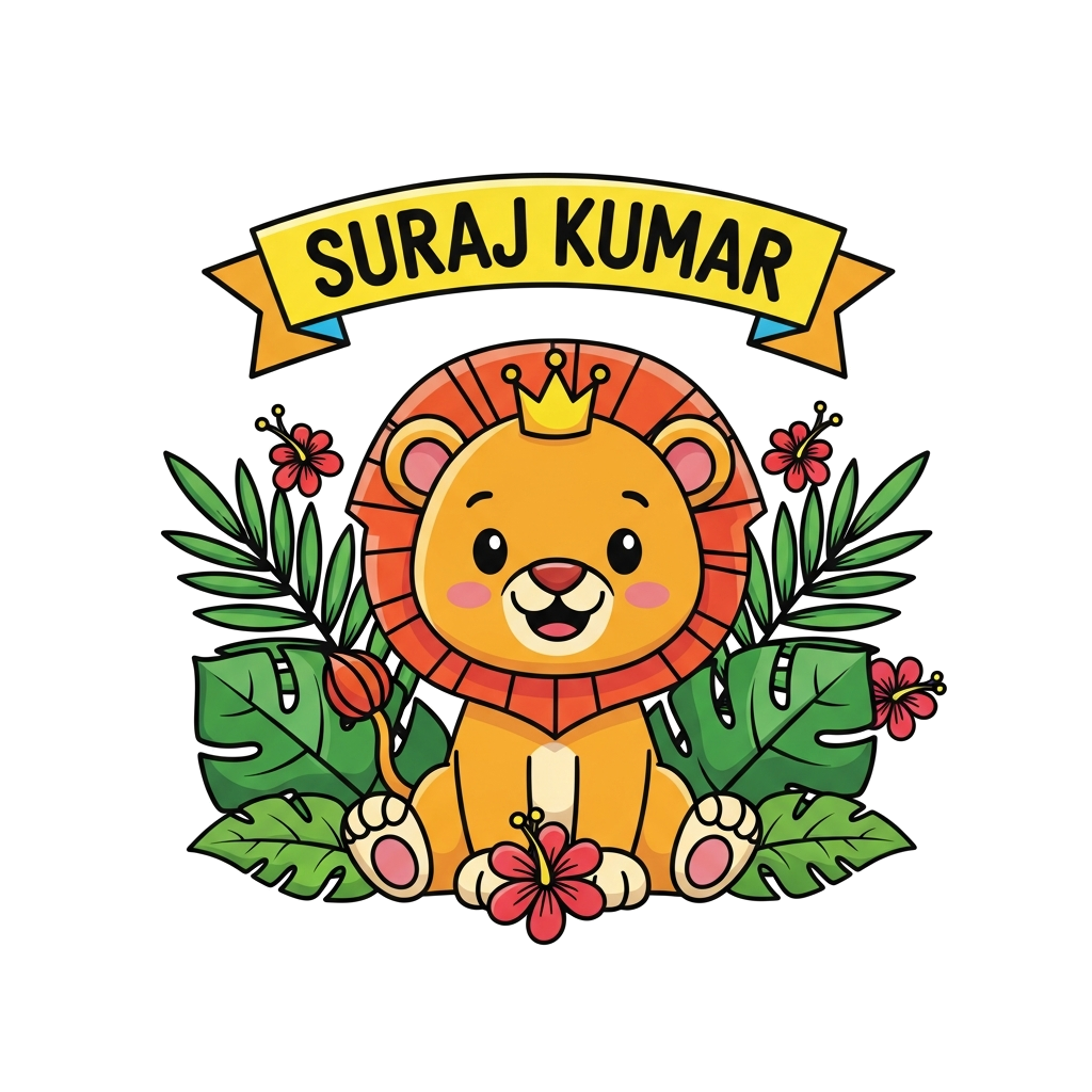 Custom design: A cheerful cartoon lion cub, wearing a tiny crown, sitting amongst vibrant green leaves and tropical flowers. A playf...
