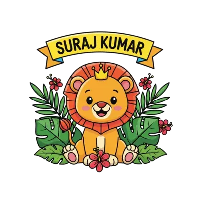 Design: A cheerful cartoon lion cub, wearing a tiny crown, sitting amongst vibrant gr...