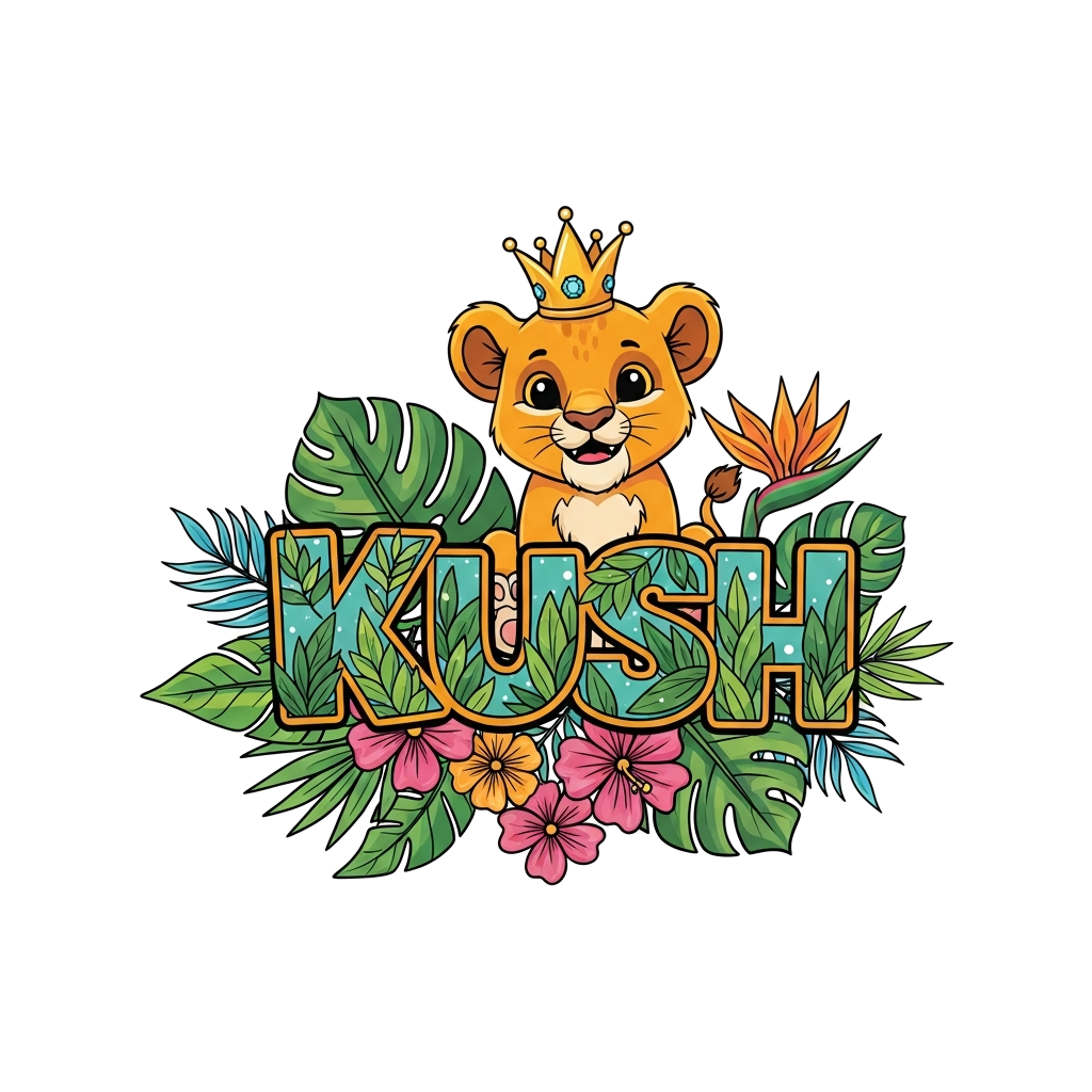 Custom design: A cheerful cartoon lion cub wearing a tiny crown, sitting among colorful jungle leaves and flowers, with the name 'Ku...