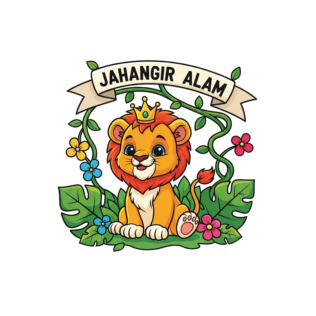 Custom design: A cute and friendly cartoon lion cub wearing a small golden crown, sitting amidst lush green jungle leaves and colorf...