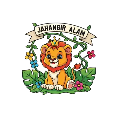 Design: A cute and friendly cartoon lion cub wearing a small golden crown, sitting am...