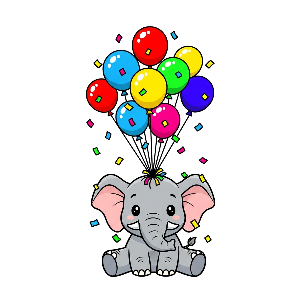 Custom design: A cute cartoon baby elephant playing with colorful balloons and confetti, in a playful kawaii style with bright colors.
