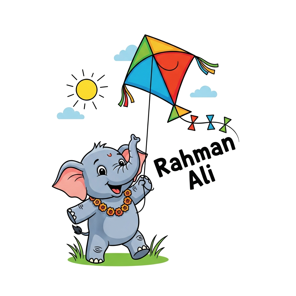 Custom design: A joyful cartoon baby elephant, wearing a tiny marigold garland, happily playing with a colorful kite in a sunny fiel...