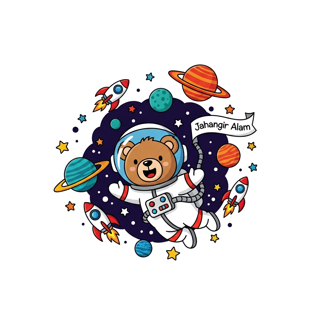 Custom design: A cheerful cartoon astronaut bear floating happily in a vibrant starry space, surrounded by colorful planets and rock...