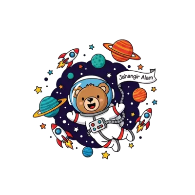 Design: A cheerful cartoon astronaut bear floating happily in a vibrant starry space,...