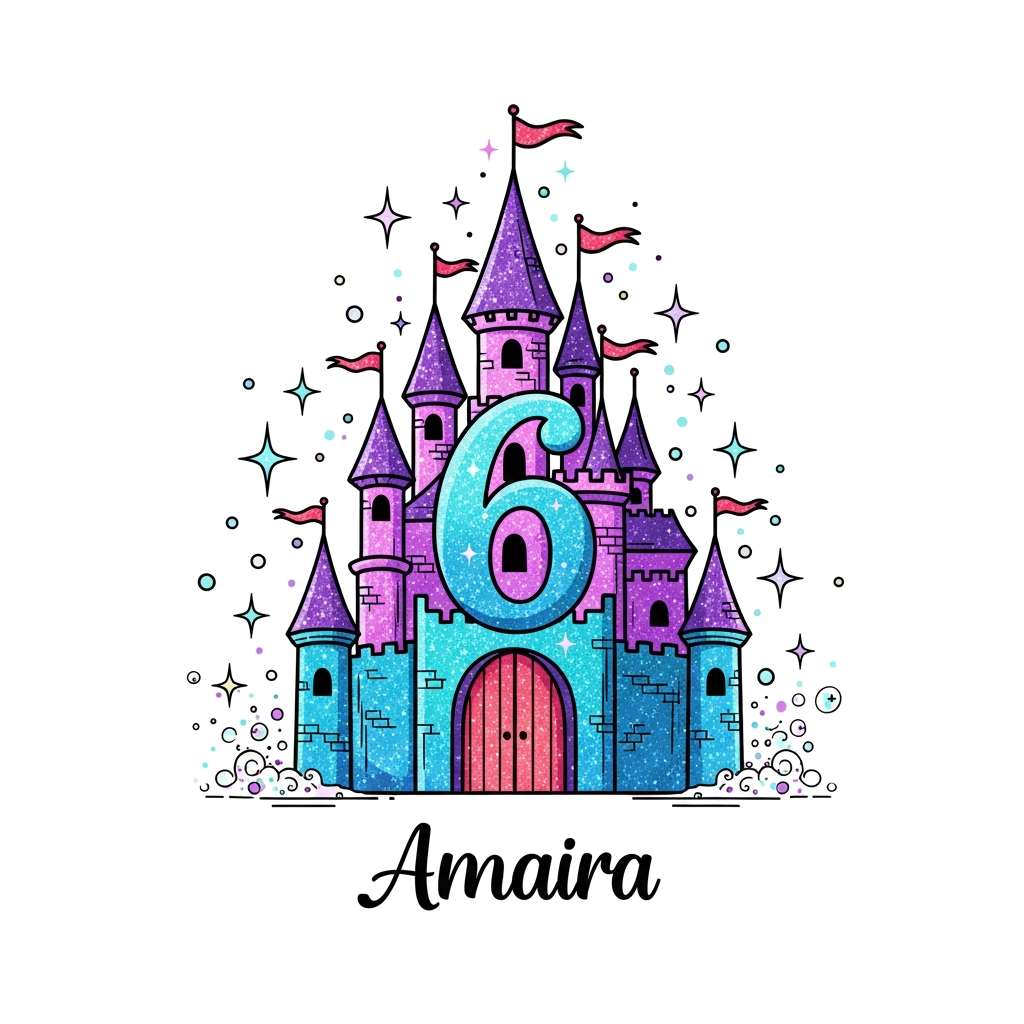 Custom design: A whimsical illustration of a beautiful princess castle, shimmering with glitter, with the number '6' incorporated in...