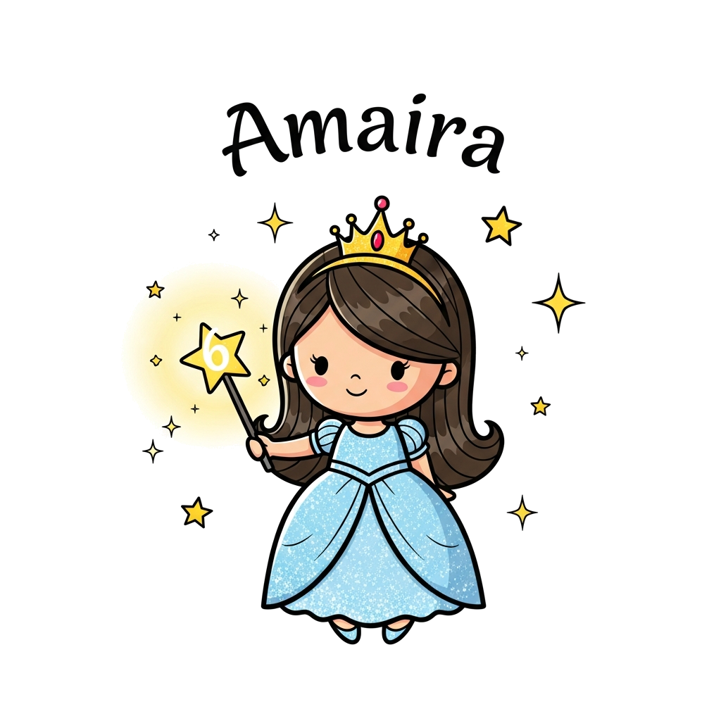 Custom design: An adorable cartoon princess with a sparkling gown and a tiny crown, holding a magic wand that glows with the number ...