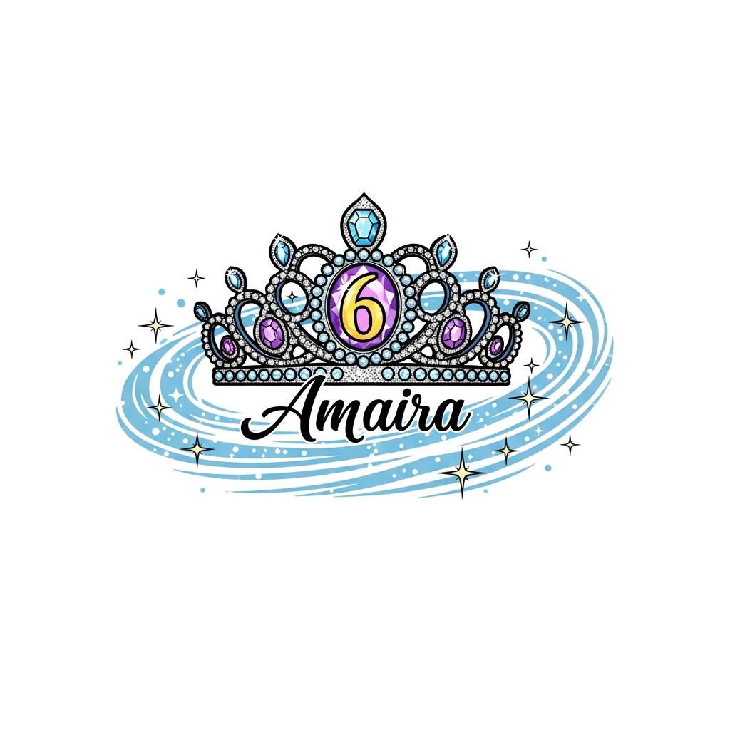 Custom design: A majestic tiara adorned with shimmering gems and a prominent '6' in the center, with 'Amaira' gracefully written und...