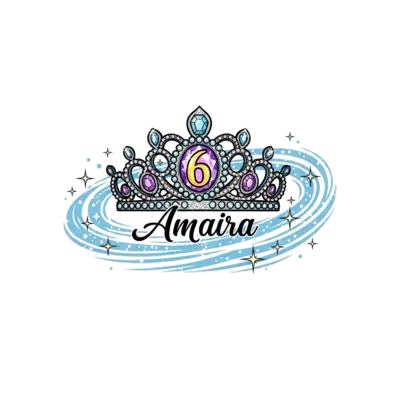 Design: A majestic tiara adorned with shimmering gems and a prominent '6' in the cent...