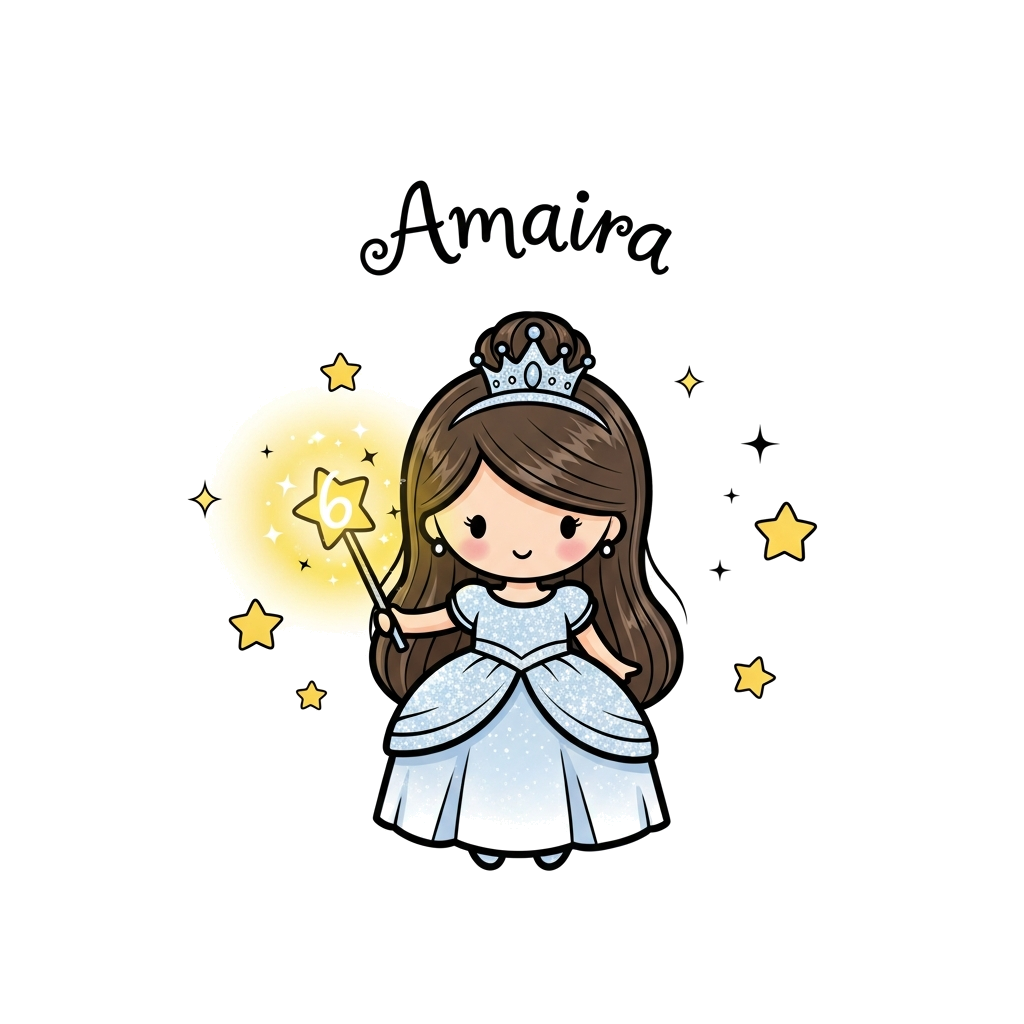 Custom design: An adorable cartoon princess with a sparkling gown and a tiny crown, holding a magic wand that glows with the number ...