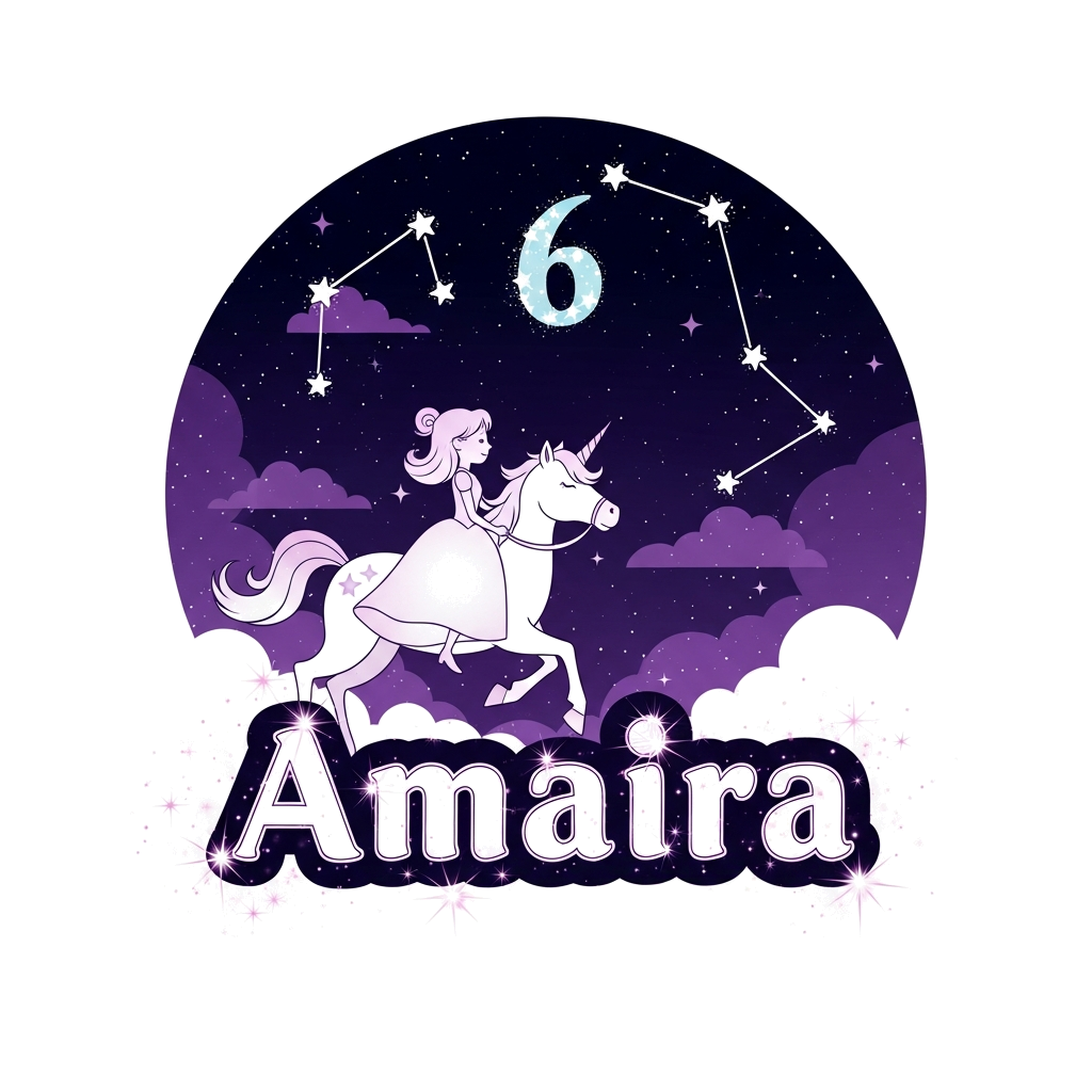 Custom design: A magical scene featuring a cute princess silhouette riding a unicorn through a starry sky, with the number '6' subtl...