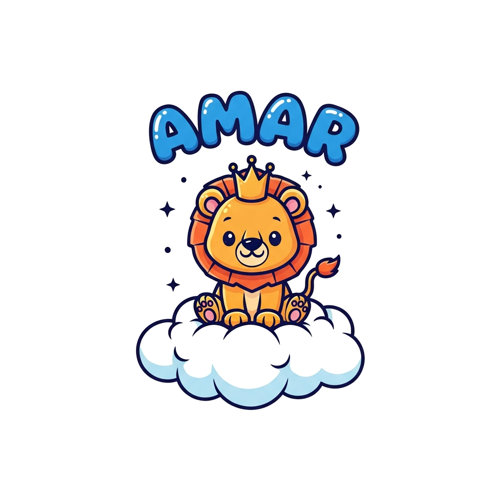 Custom design: A cute cartoon lion cub wearing a tiny crown, sitting on a fluffy cloud, with the name "AMAR" written in a friendly b...
