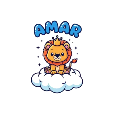Design: A cute cartoon lion cub wearing a tiny crown, sitting on a fluffy cloud, with...