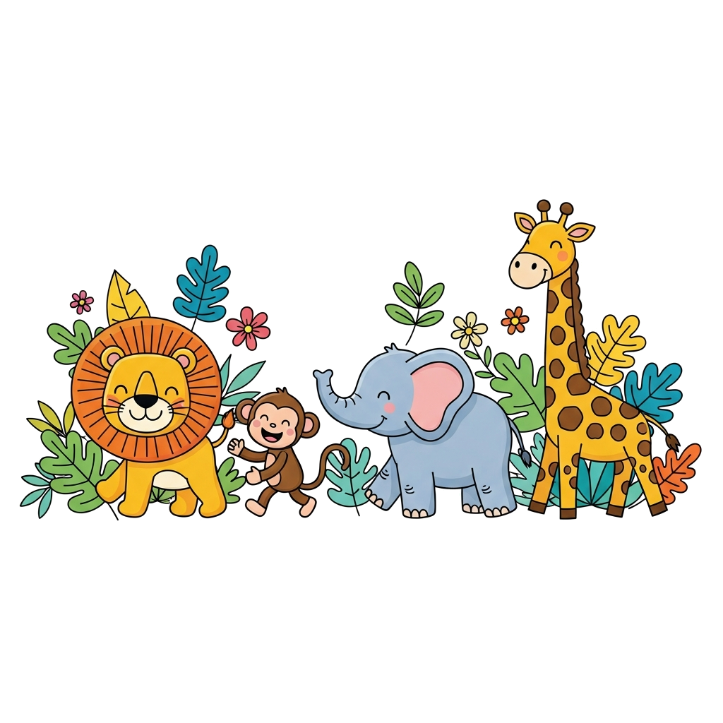 Custom design: A vibrant cartoon illustration of a joyful parade of cute jungle animals (lion, monkey, elephant, giraffe) walking to...