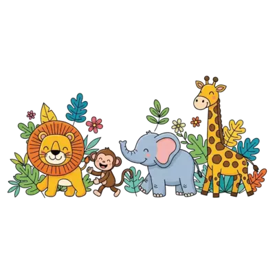 Design: A vibrant cartoon illustration of a joyful parade of cute jungle animals (lio...
