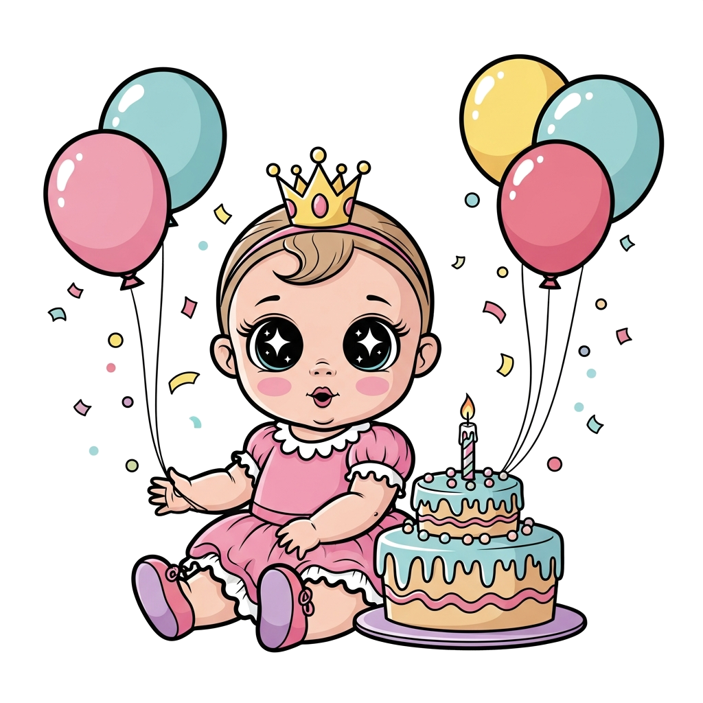 Custom design: A super cute baby princess with big sparkling eyes, wearing a tiny crown and a frilly pink dress, sitting next to a w...