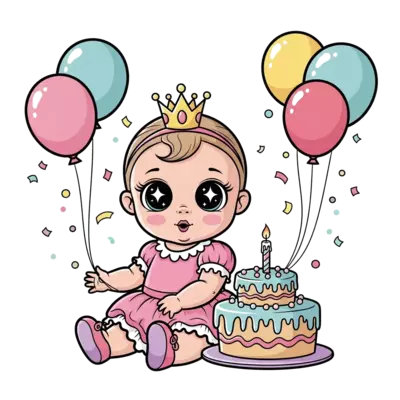 Design: A super cute baby princess with big sparkling eyes, wearing a tiny crown and ...
