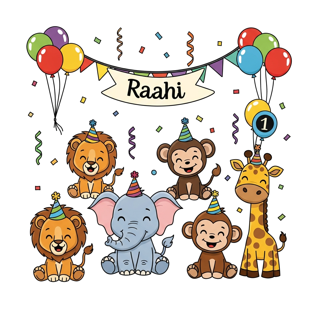 Custom design: A super cute cartoon baby animal party with 'Raahi' and '1' subtly incorporated, surrounded by balloons and confetti,...