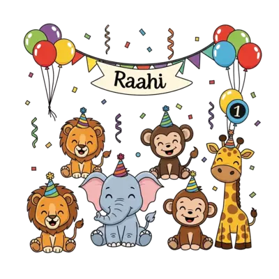 Design: A super cute cartoon baby animal party with 'Raahi' and '1' subtly incorporat...