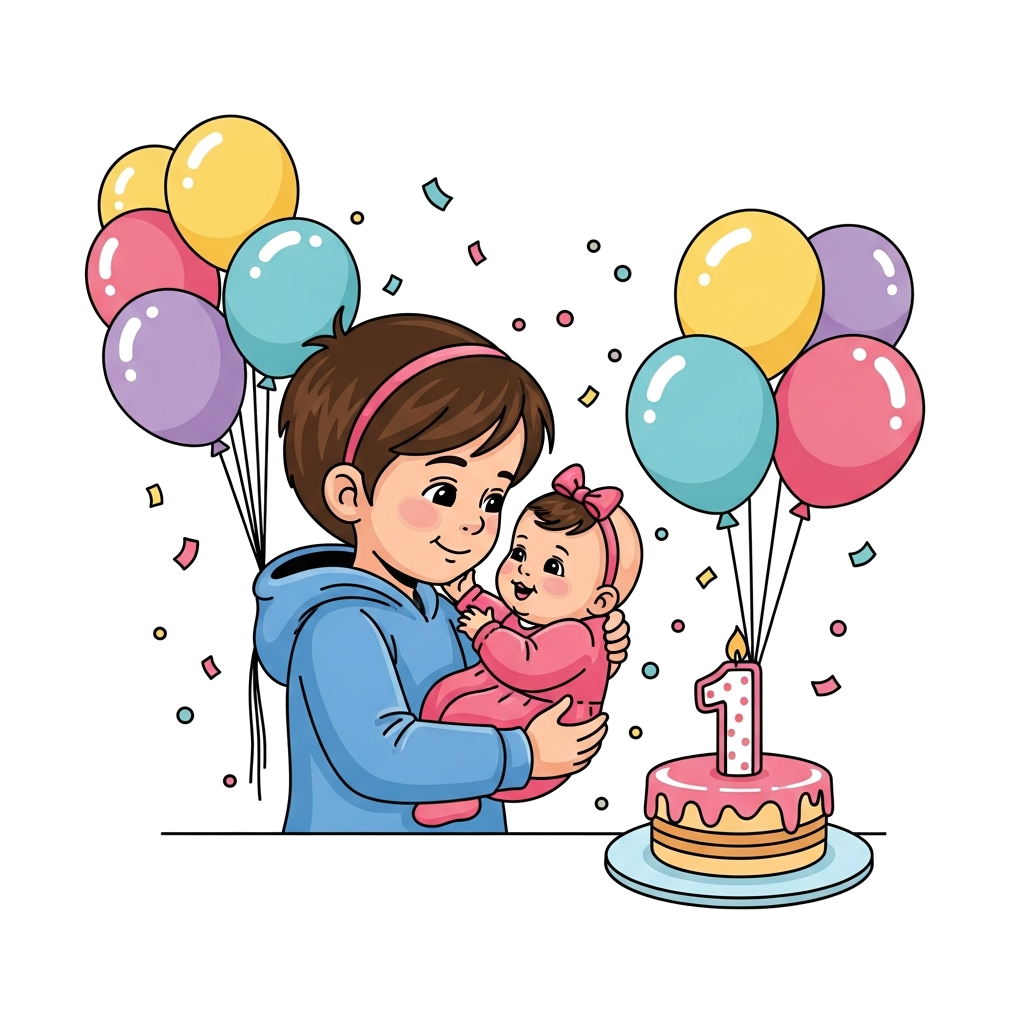 Custom design: A cheerful cartoon illustration of an older sibling gently holding a baby sister, surrounded by colorful balloons and...