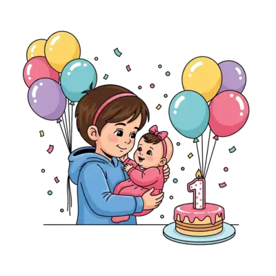 Design: A cheerful cartoon illustration of an older sibling gently holding a baby sis...