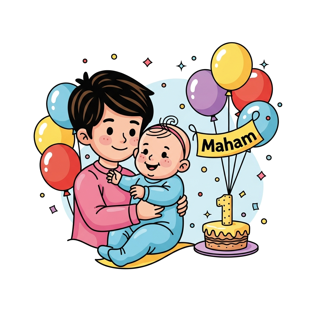 Custom design: A cheerful cartoon illustration of an older sibling gently holding baby sister 'Maham', who is smiling, surrounded by...