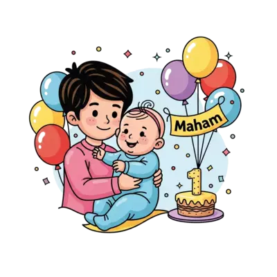 Design: A cheerful cartoon illustration of an older sibling gently holding baby siste...
