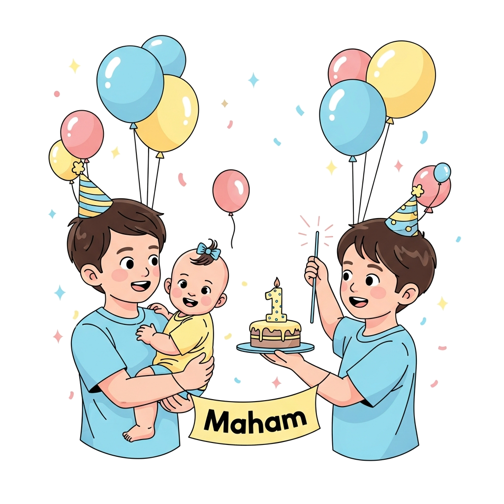 Custom design: A cheerful cartoon illustration of two older brothers, one gently cradling baby sister 'Maham' who is smiling, while ...