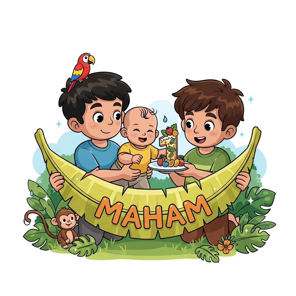Custom design: A cheerful cartoon illustration of two older brothers in a lush, friendly jungle. One brother gently cradles baby sis...