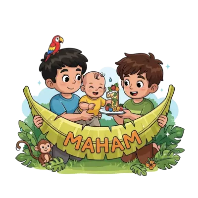 Design: A cheerful cartoon illustration of two older brothers in a lush, friendly jun...