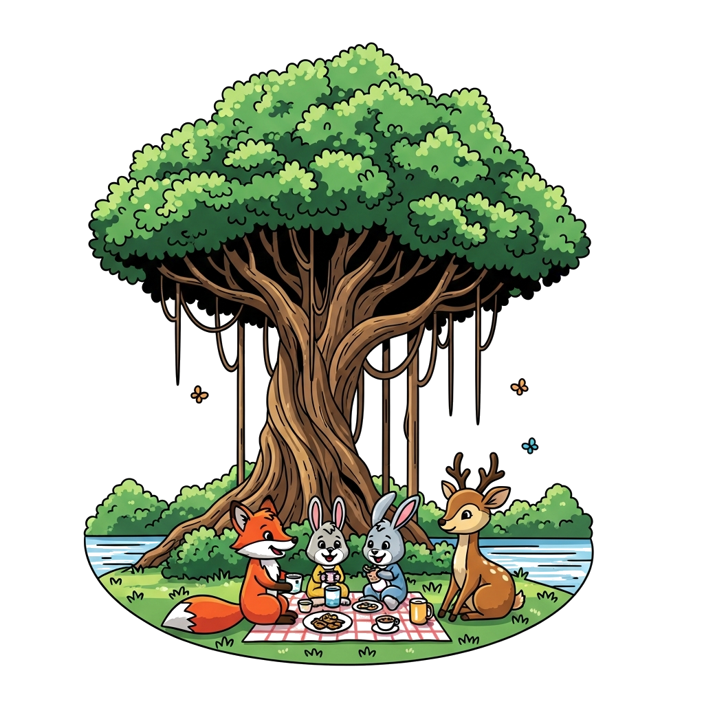 Custom design: An adorable cartoon illustration of a group of friendly forest animals (like a fox, a rabbit, and a deer) having a pi...