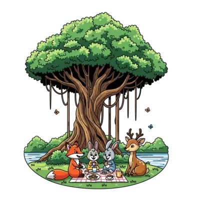 Design: An adorable cartoon illustration of a group of friendly forest animals (like ...