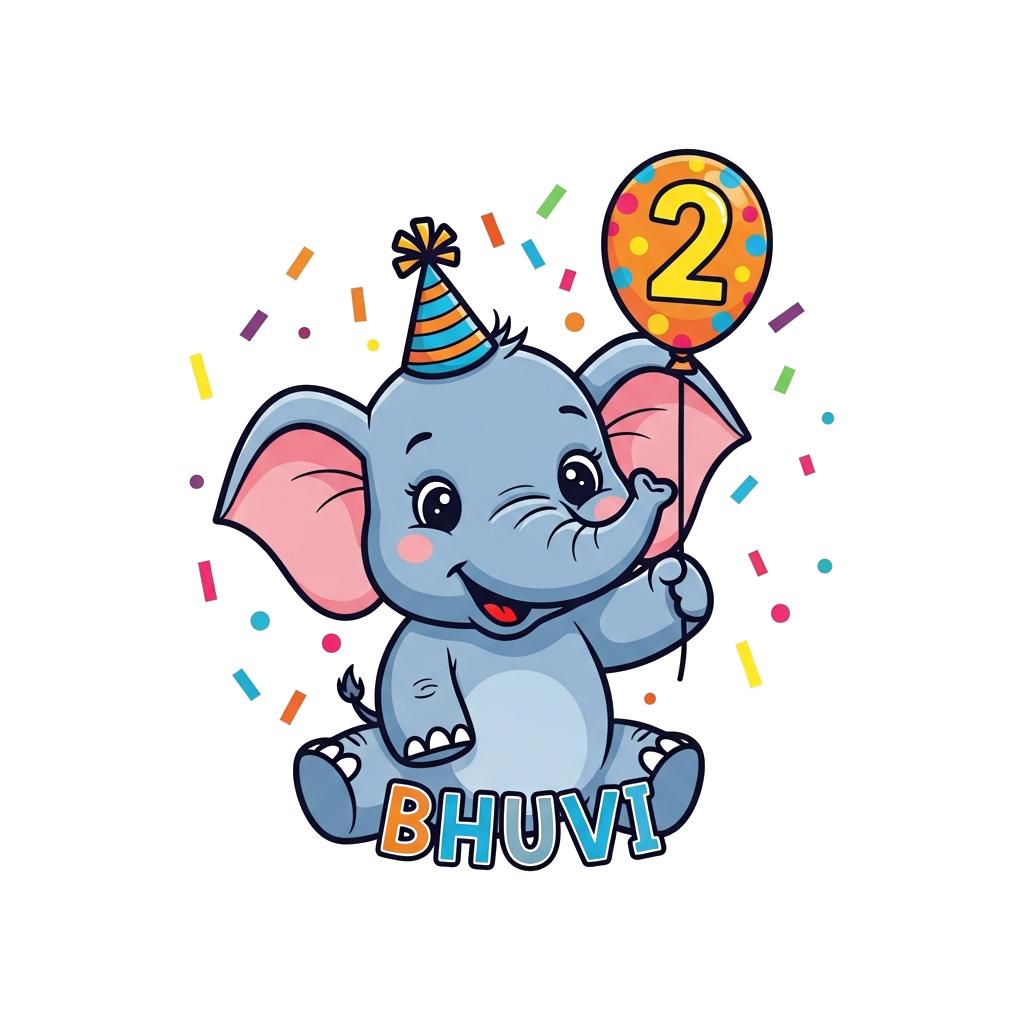 Custom design: A super cute, happy baby elephant cartoon wearing a tiny party hat and holding a balloon with the number '2' on it, s...