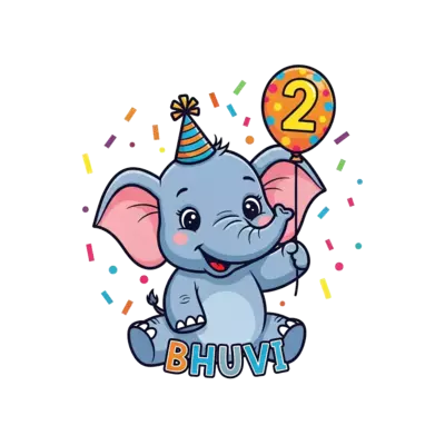 Design: A super cute, happy baby elephant cartoon wearing a tiny party hat and holdin...