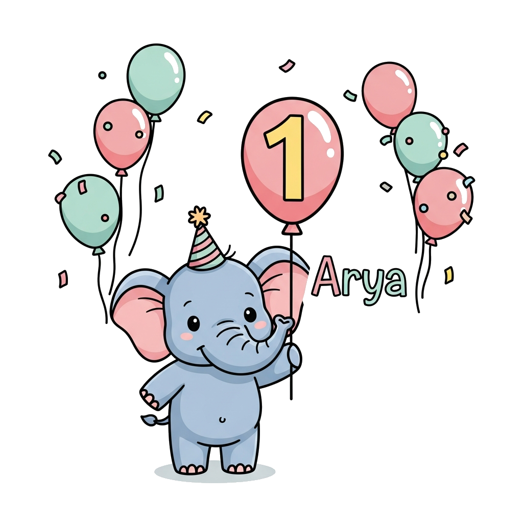 Custom design: A super cute cartoon baby elephant wearing a tiny party hat, holding a big number '1' balloon, with 'Arya' written pl...