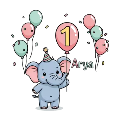 Design: A super cute cartoon baby elephant wearing a tiny party hat, holding a big nu...