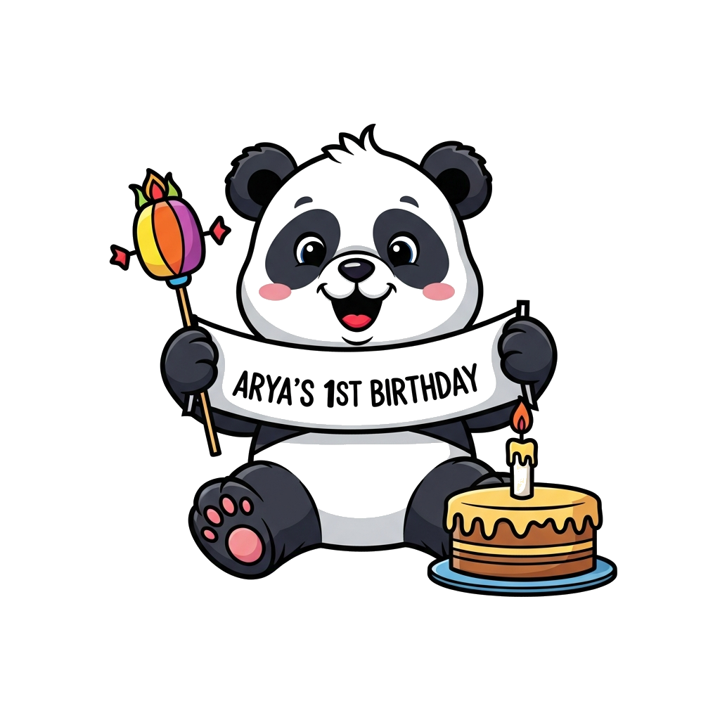Custom design: An adorable cartoon baby panda sitting happily next to a small birthday cake with one candle, holding a banner that s...